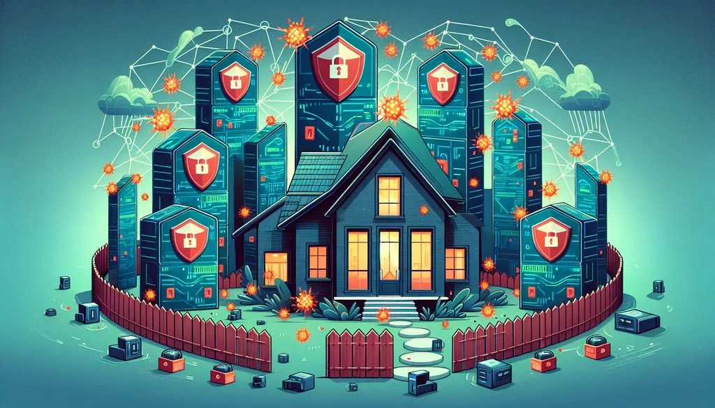 Una casa dietro una recinzione rossa, con torri server sullo sfondo dotate di scudi a lucchetto, e esplosioni arancioni di malware attorno a essa respinte da difese aggiornate.