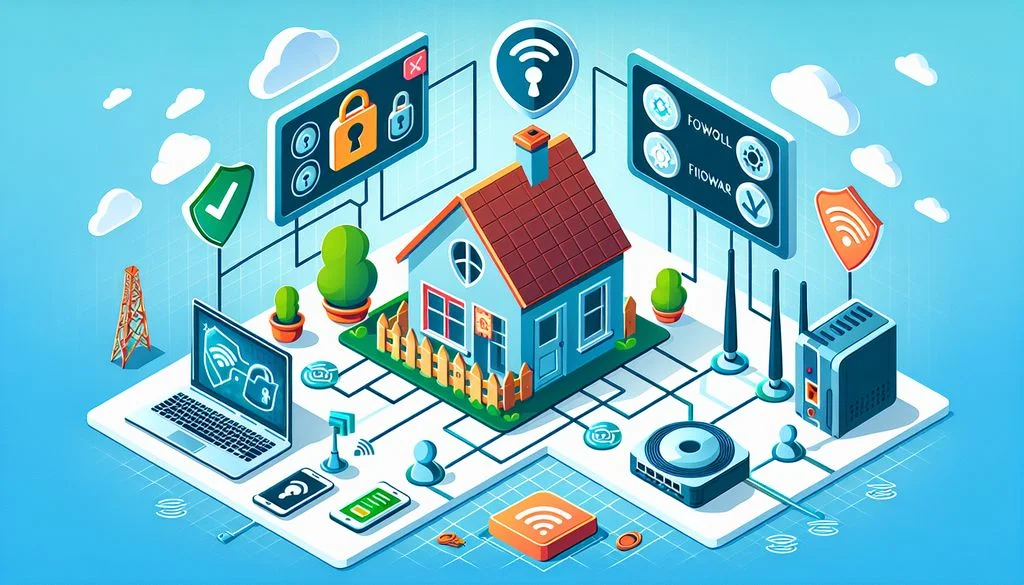 Scena isometrica di una rete domestica con una casa collegata a un laptop, un telefono e un router, più icone fluttuanti di lucchetto e scudo per il controllo degli accessi.