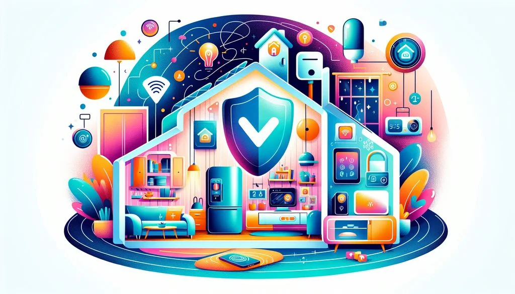 Spaccato di un interno di casa intelligente con un grande scudo centrale con segno di spunta e icone di dispositivi connessi, che rappresenta una rete protetta priva di malware.