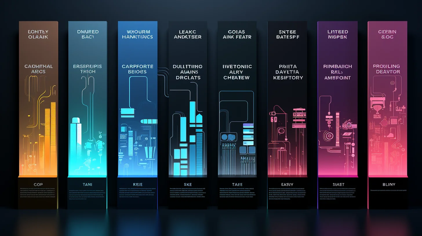 Sezioni che presentano termini legati alla tecnologia. Una rappresentazione visiva di diversi concetti tecnologici.