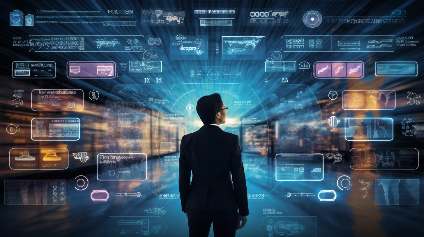 Sezioni che evidenziano termini legati alla tecnologia. Una rappresentazione visiva di diversi concetti tecnologici attorno a un uomo in giacca e cravatta.
