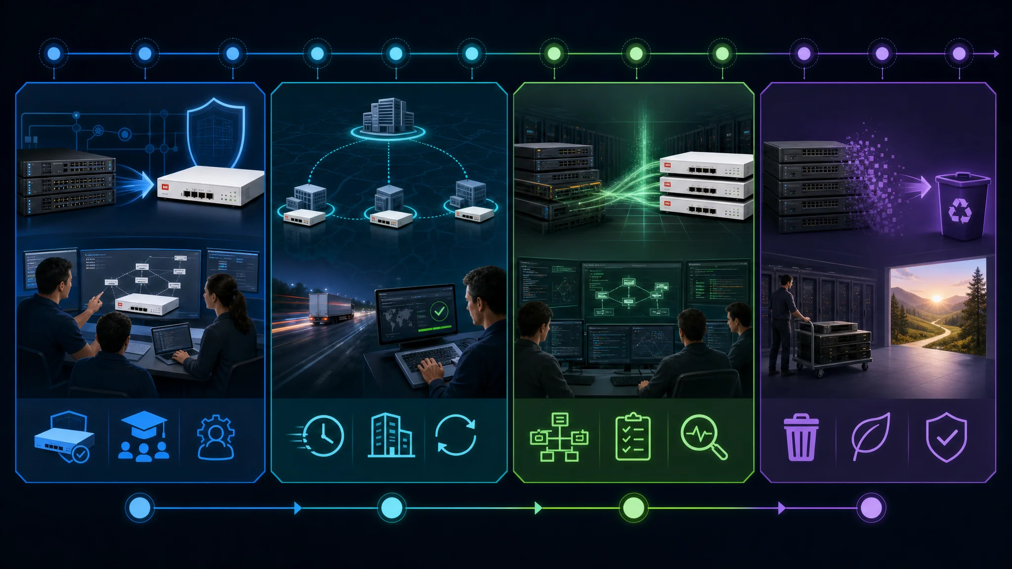 Diagramma temporale che mostra una migrazione in fasi di 12 mesi da Cisco a Fortinet per la sicurezza di rete, coprendo il deployment pilota da 1 a 2 mesi, il rollout nelle filiali da 3 a 6 mesi, il cutover del data center da 7 a 9 mesi e la dismissione finale da 10 a 12 mesi