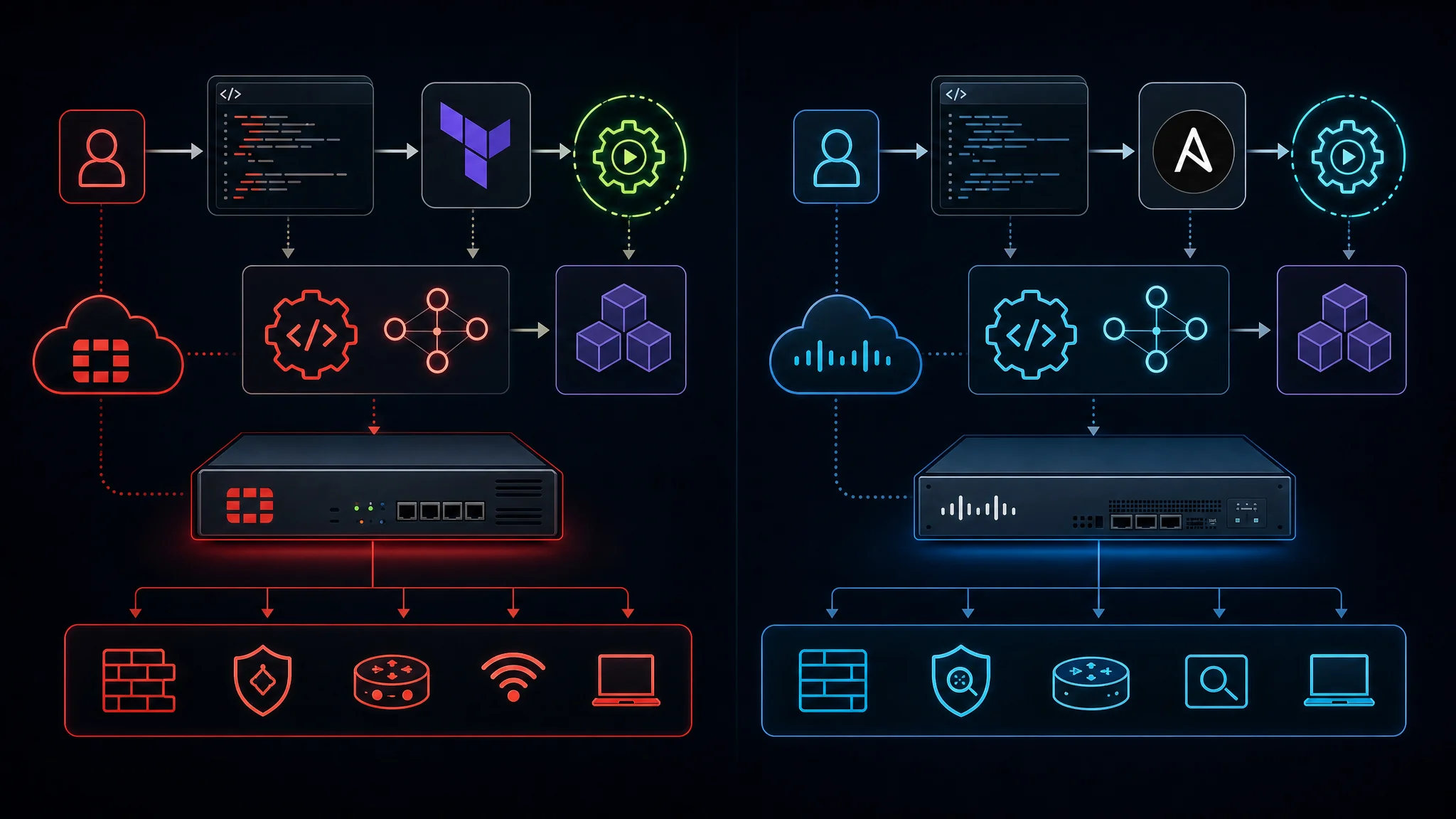 Diagramma che confronta il workflow di automazione FortiGate REST API e Terraform con l'API Cisco Firepower Management Center e i moduli Ansible per l'infrastruttura di sicurezza di rete come codice