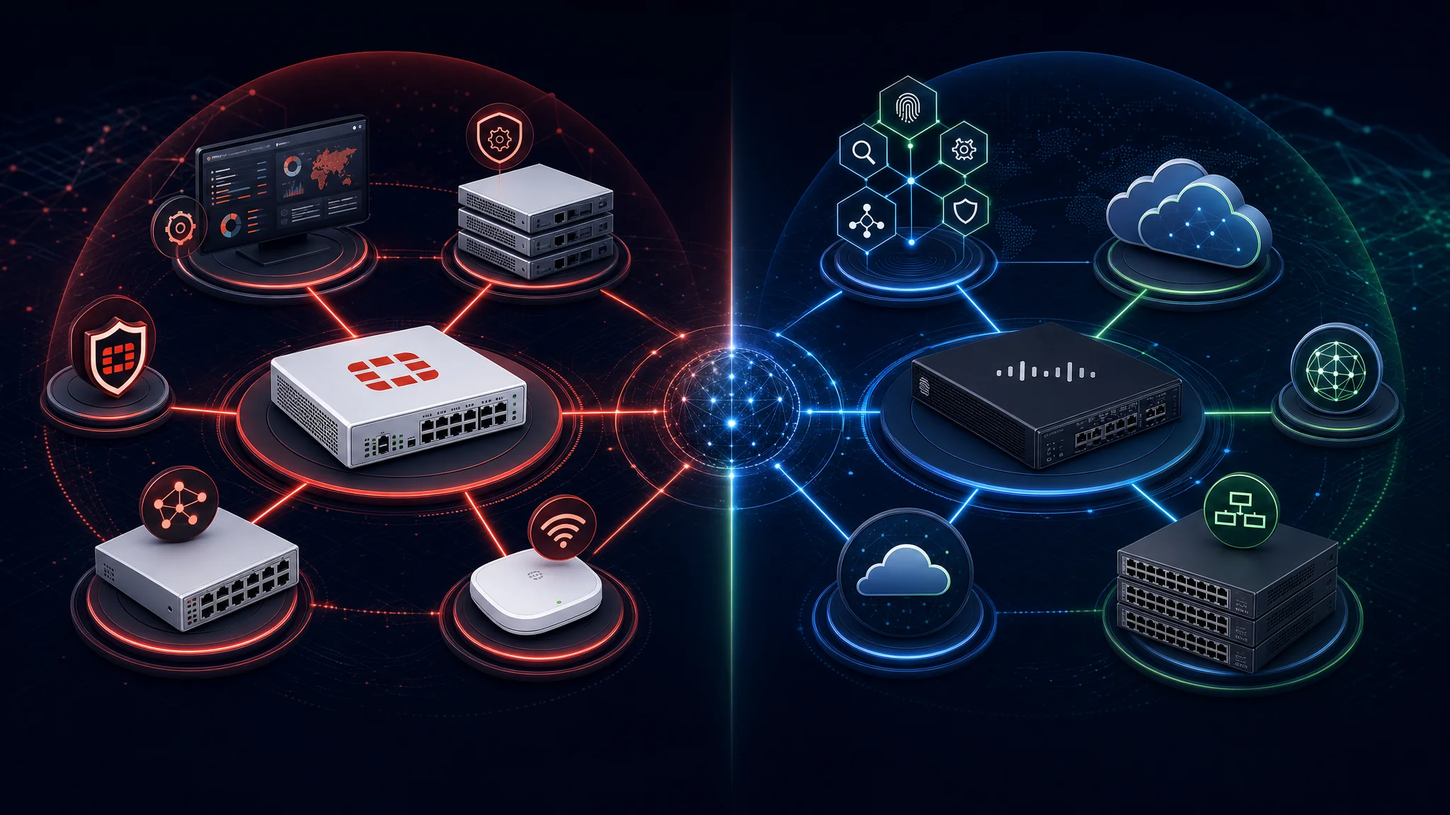 Diagramma di confronto che mostra l'ecosistema di prodotti Fortinet Security Fabric inclusi FortiGate, FortiSwitch, FortiManager e FortiAP contro l'ecosistema Cisco Secure che include Firepower, Catalyst, SecureX e Umbrella