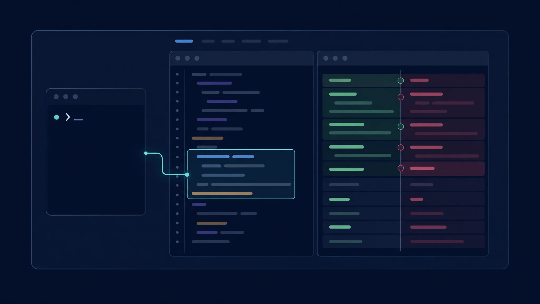 Prompt del terminale collegato a una selezione dell’editor e a un diff di codice affiancato nello stesso spazio del repository