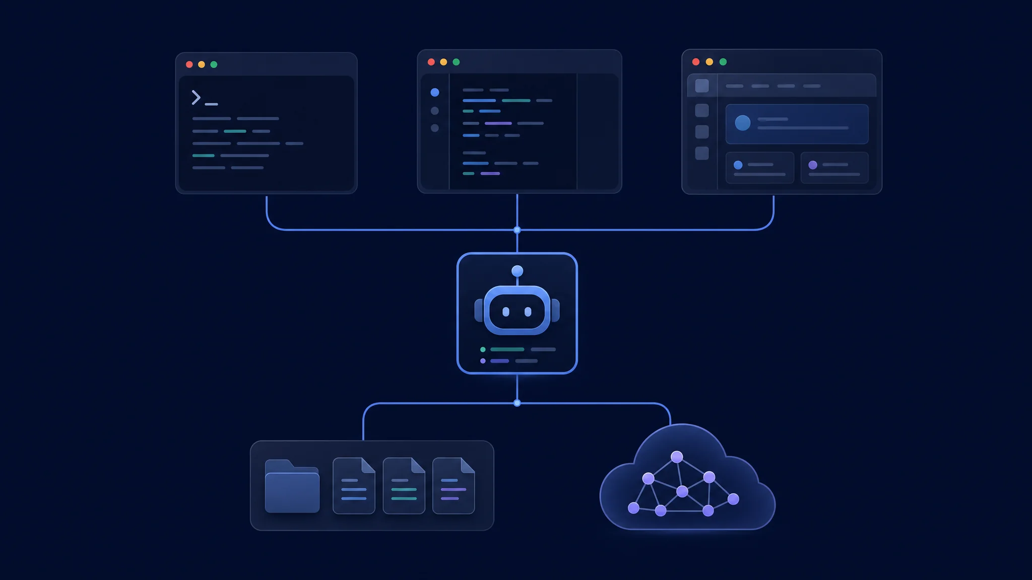 Client terminale e desktop collegati a un agent server, ai file del repository e a un servizio di inferenza separato