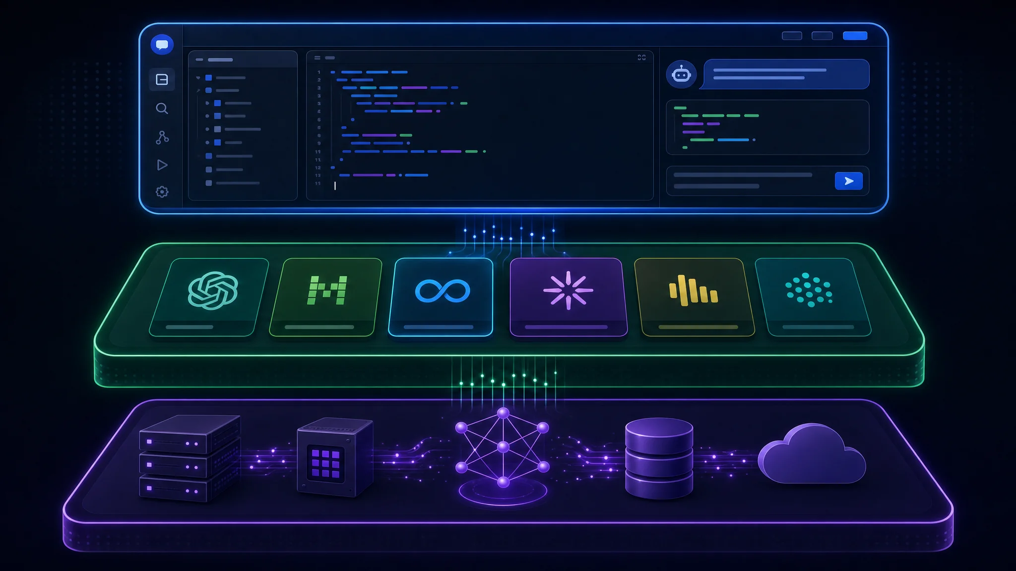Diagramma che separa l'interfaccia dell'agente di coding, la scelta del modello e i servizi di inferenza locali o ospitati