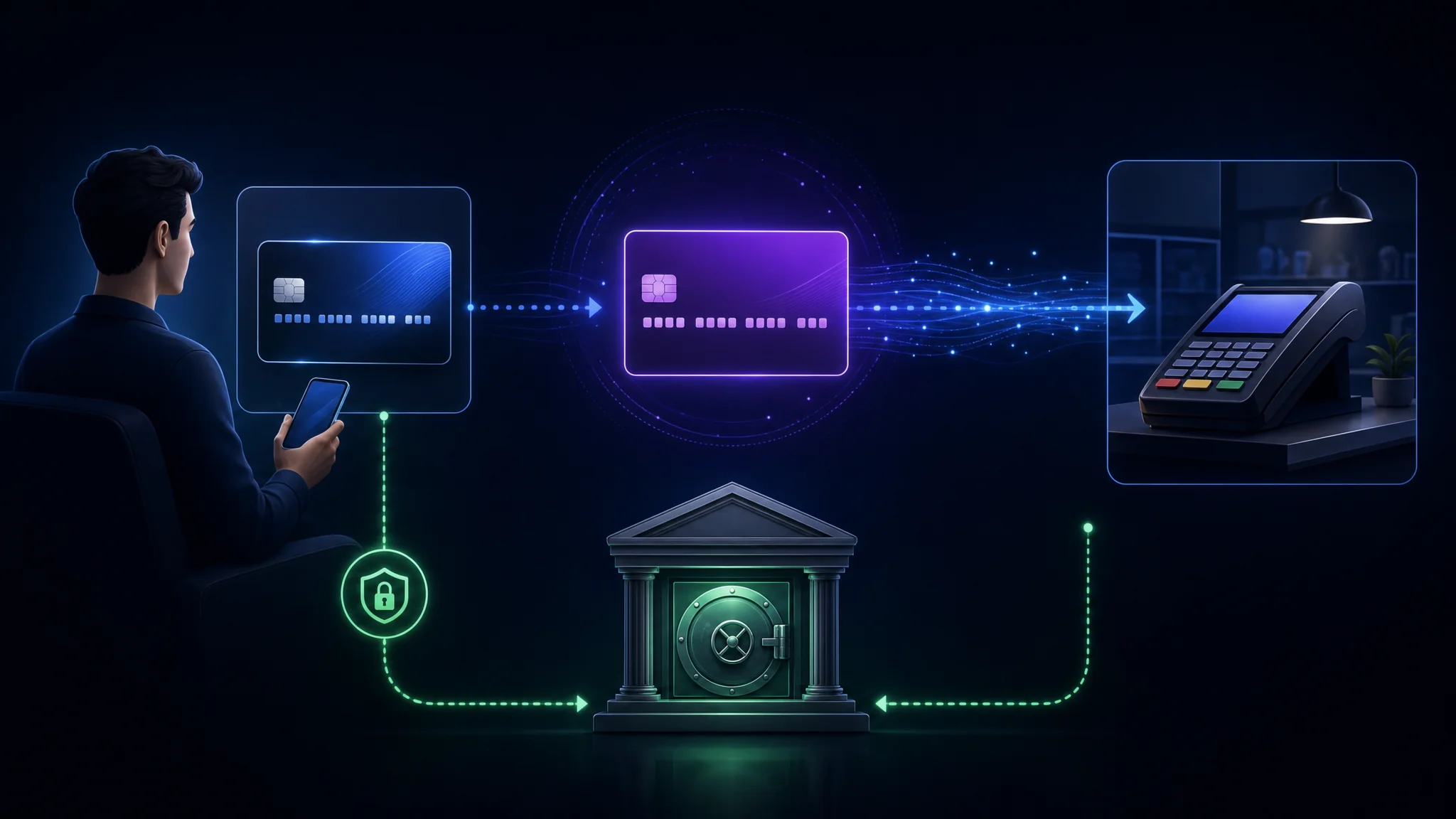 Diagramma che mostra un numero di carta virtuale che va al commerciante mentre il numero reale della carta rimane tra il titolare e la banca emittente