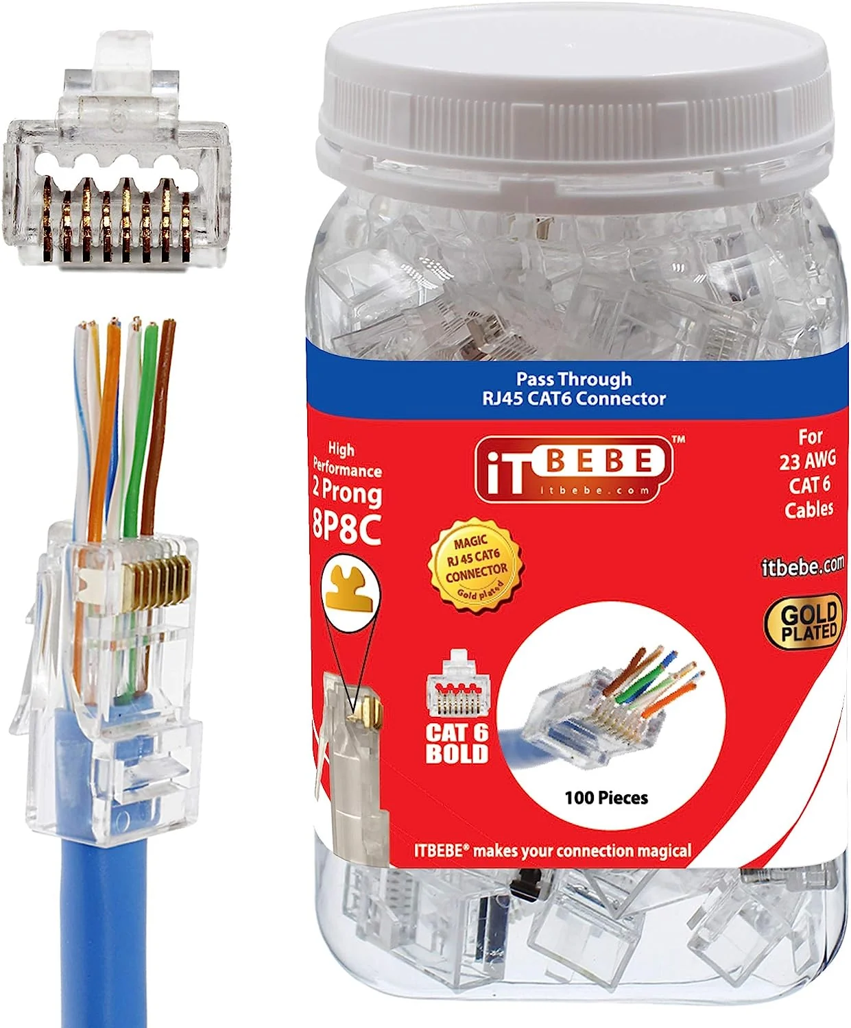 ITBEBE 50 pezzi RJ45 Cat6 passante placcati oro