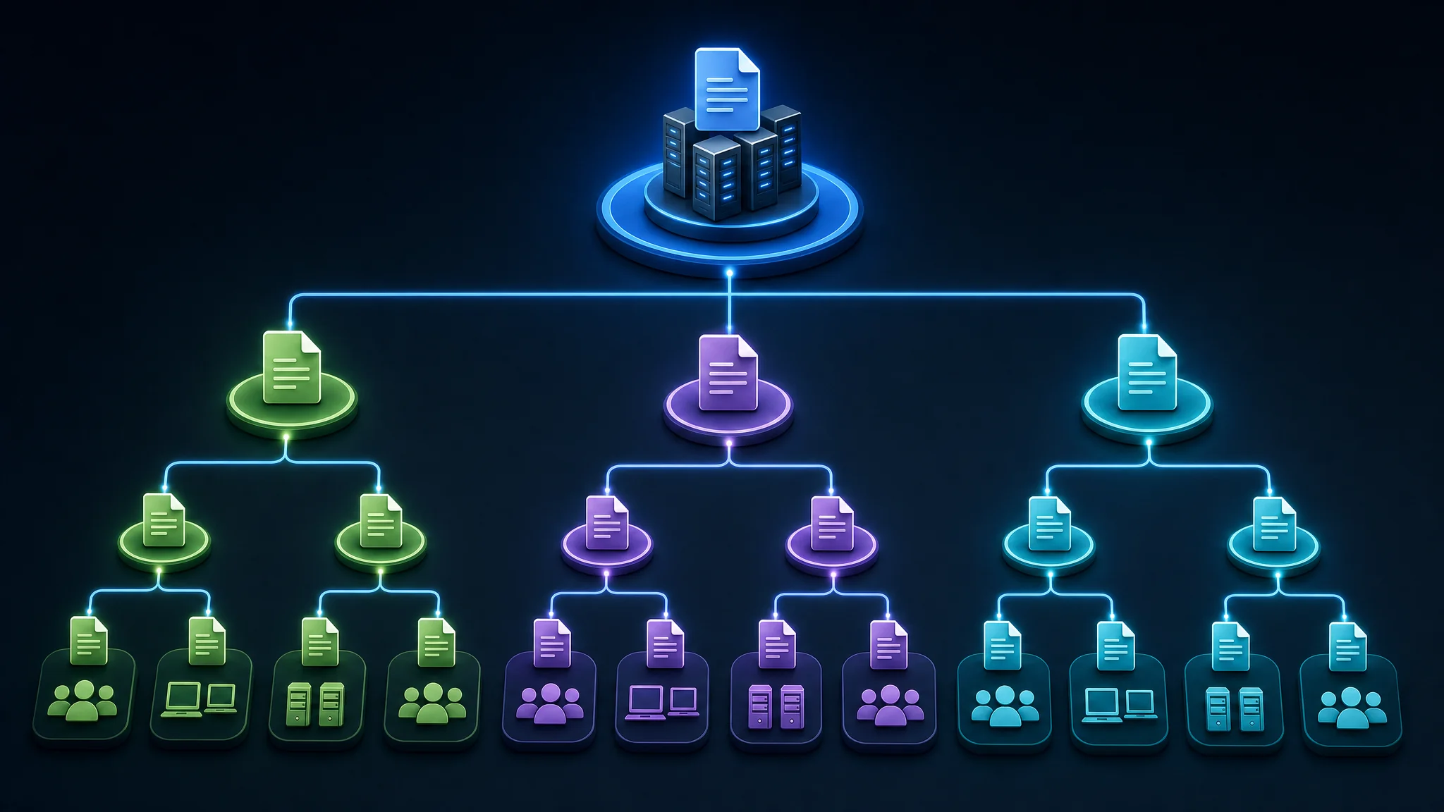 Diagramma che mostra la gerarchia e l'ereditarietà dei GPO all'interno di un dominio Active Directory, dai GPO a livello di dominio fino ai GPO delle unità organizzative
