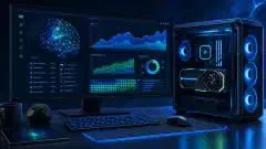 Workstation GPU desktop illustrata con grafici astratti e una rete neurale sul monitor