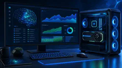 Workstation GPU desktop illustrata con grafici astratti e una rete neurale sul monitor