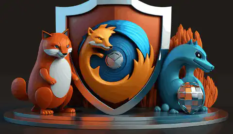 Un'immagine animata in 3D con tre icone di browser simili a cartoni animati, Brave, Firefox e Tor, circondate da uno scudo che simboleggia la protezione della privacy, con un lucchetto in cima.