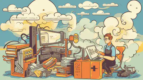 Un'immagine in stile cartone animato di un addetto al confezionamento che crea diverse immagini di macchine per più piattaforme, con un computer portatile e nuvole sullo sfondo.