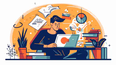 Un'immagine in stile cartone animato di una persona che studia a una scrivania con un computer portatile e vari libri e appunti, con il logo CEH sullo sfondo.
