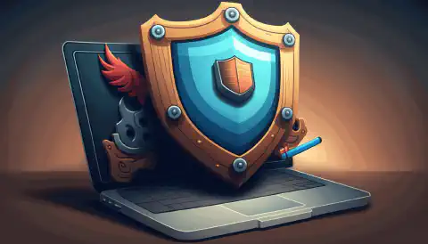 Un'immagine in stile cartone animato di uno scudo con un lucchetto per simboleggiare la sicurezza e la protezione della privacy, con un laptop o un dispositivo mobile sullo sfondo.