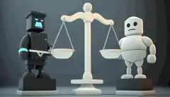 Un'immagine in stile cartone animato di due personaggi contrastanti che rappresentano gli strumenti di sicurezza open-source e commerciali, in piedi sui lati opposti di una bilancia bilanciata, a simboleggiare i pro e i contro di ciascuna opzione.