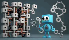 Un personaggio dei cartoni animati che tiene una chiave in una mano e una blockchain nell'altra, circondata da una rete di nodi e blocchi interconnessi.