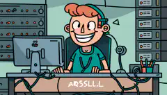 Un personaggio dei cartoni animati seduto a una scrivania, circondato da server e cavi, con il logo di Ansible sullo schermo del computer, che sorride mentre le attività vengono automatizzate.
