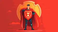 Un personaggio dei cartoni animati che indossa un mantello da supereroe e tiene in mano uno scudo con il simbolo di un lucchetto.