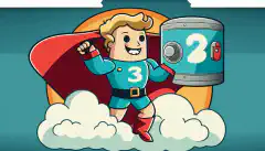 Un personaggio dei cartoni animati con un mantello che regge uno scudo con il numero 3, mentre si trova in piedi sopra due scatole di archiviazione, una che rappresenta un disco rigido e l'altra un cloud, e indica un globo che rappresenta l'archiviazione fuori sede.