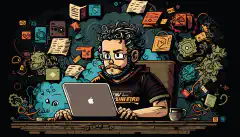 Uno sviluppatore a fumetti seduto alla scrivania con un computer portatile, circondato da vari elementi HTML, CSS e JavaScript che fluttuano nell'aria intorno a lui.