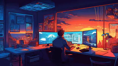Un'illustrazione a fumetti che raffigura uno sviluppatore che lavora in un ambiente snello ed efficiente con gli strumenti Dev Home e Dev Drive.