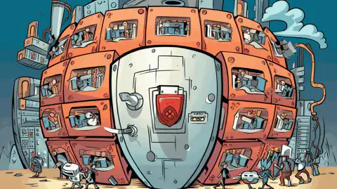 Un'illustrazione a fumetti raffigurante uno scudo che protegge un server di rete dalle minacce informatiche.
