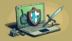 Illustrazione a fumetti di un computer portatile con un lucchetto, sullo sfondo uno scudo e una spada che rappresentano la sicurezza informatica.