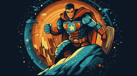 Illustrazione a fumetti di un supereroe con scudo che protegge il mondo digitale da hacker e minacce informatiche.