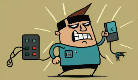 Illustrazione a fumetti di un ladro che utilizza un dispositivo elettronico per rubare i dati della carta di credito dal portafoglio di una persona.