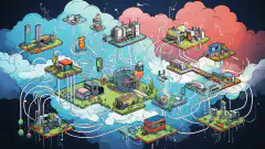 Un'illustrazione a fumetti che mostra i vari componenti di rete e le opzioni di connettività cloud