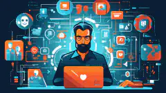 Un'immagine a fumetti che raffigura un analista di cybersicurezza al lavoro al computer, circondato da icone di lucchetti e flussi di dati, a simboleggiare l'importanza di proteggere le risorse e le informazioni digitali.