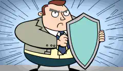 Un'immagine a fumetti di un imprenditore che tiene in mano uno scudo con l'etichetta di assicurazione per la sicurezza informatica e blocca le minacce informatiche.