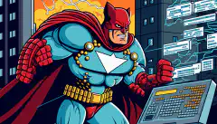 Un'immagine a fumetti di un supereroe della sicurezza informatica che difende una città dalle minacce informatiche.