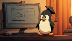 Immagine a fumetti di un pinguino con un berretto di laurea, con in mano un diploma e in piedi davanti a un computer con un ambiente desktop Linux sullo sfondo.