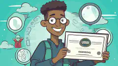 Un'immagine a fumetti di una persona con in mano un certificato CISSP, con una bolla di pensiero che mostra diversi argomenti di sicurezza informatica come l'architettura della sicurezza, il controllo degli accessi, la crittografia e la sicurezza di rete.