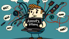 Un'immagine a fumetti di una persona che tiene in mano un computer portatile circondato da vari componenti hardware e cavi di rete, con una bolla di pensiero che visualizza una serie di acronimi e procedure di risoluzione dei problemi di CompTIA A+.