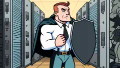 Un'immagine a fumetti di una persona che tiene uno scudo e fa la guardia davanti a una sala server per rappresentare la protezione e la sicurezza che l'implementazione delle patch fornisce.