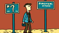 Un'immagine a fumetti di una persona in piedi a un incrocio, con un cartello che indica le direzioni IPv4 e IPv6, che rappresenta la scelta e la transizione tra i due protocolli.