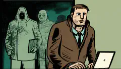 Un'immagine a fumetti di una persona in piedi davanti a un computer o a un telefono con un'espressione preoccupata, mentre un hacker a fumetti si aggira sullo sfondo.