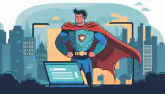 Immagine a fumetti di uno sviluppatore web che indossa un mantello da supereroe e tiene in mano uno scudo. Lo scudo protegge un computer portatile con l'interfaccia di un'applicazione web sullo schermo.