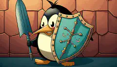Un lucchetto a fumetti che regge uno scudo con la parola Linux, mentre una freccia rimbalza sullo scudo.