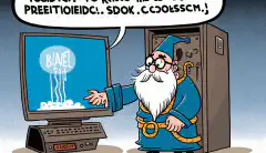 Un cartone animato di un mago che lancia un incantesimo per riparare un computer bloccato, con un fumetto che dice Problema risolto