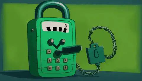 Un telefono animato con uno schermo verde e un lucchetto, simbolo di sicurezza e crittografia, con toni DTMF raffigurati sullo sfondo