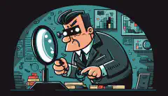 Un analista di sicurezza a fumetti con in mano una lente di ingrandimento, alla ricerca di minacce informatiche nascoste sullo schermo di un computer.