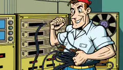 Un tecnico dei cartoni animati che tiene in mano un ONT COTS con un cavo in fibra sullo sfondo.