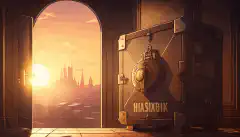 una porta di un caveau a fumetti che viene aperta con una chiave e rivela un forziere, il tutto sullo sfondo di un paesaggio urbano parigino al tramonto.