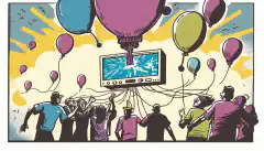 Una rappresentazione da cartone animato di un gruppo di individui che sfruttano un palloncino di elio con un'immagine di un gateway LoRaWAN e MiddleMan o Chirp Stack Packet Multiplexer sullo sfondo.