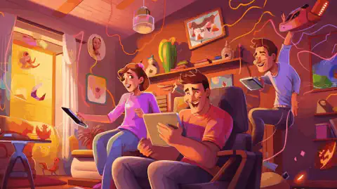 Un'illustrazione a fumetti colorata che raffigura una famiglia felice a casa, circondata da vari dispositivi connessi a T-Mobile Home Internet.